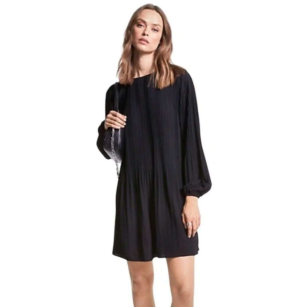 Michael Kors Pleated Mini Dress Long Sleeve Black Party Cocktail Size M NWT $175
